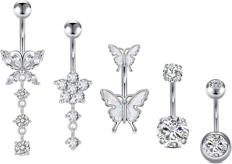 Incaton 14G Belly Button Rings, Stainless Steel Diamond Belly Rings For Women, Dangle Belly Button Rings With Butterfly, 6mm Short & 10mm Bar Navel Piercings - Image 1